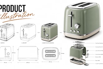 create product illustration, product line art and technical illustrations