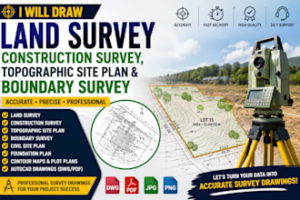 draw land survey, construction survey, topographic site plan and boundary survey