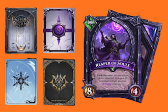 design unique card game art, board game card frame, tcg, card box, and guidebook