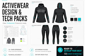 create sportswear tech packs and flat sketches