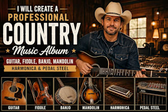 create a pro country music album with guitar, fiddle, banjo, mandolin, harmonica
