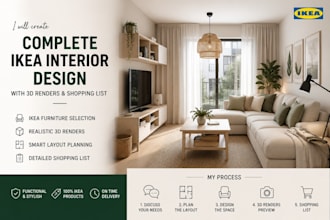 create a complete ikea interior design with 3d renders and shopping list