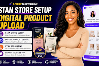 do stan store setup, digital product upload, etsy SEO listing, payhip
