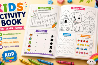 design kids activity book, worksheets and coloring pages