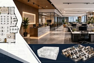 design modern office interiors with functional layouts, furniture, 3d rendering