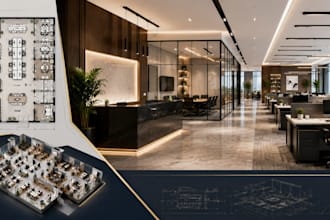 create corporate office interior with professional layouts furniture, 3d visual