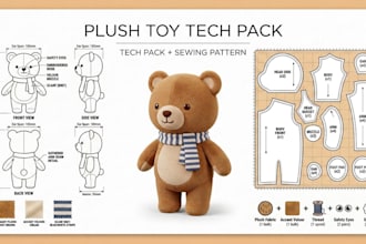 create a plush toy tech pack and sewing pattern for manufacturing
