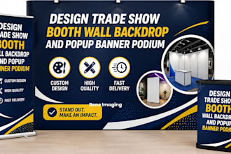 l design trade show booth wall backdrop and popup banner podium