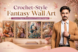 design magical crochet style fantasy animal illustrations