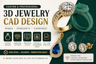 create custom jewelry cad designs for rings, pendants, earrings for casting