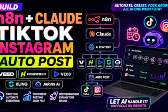 setup n8n claude tiktok instagram auto post veed higgsfield veo3 kling jarvis ai