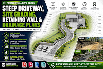 design steep driveway, site grading, retaining wall and drainage plans
