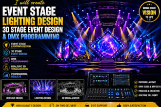 create event stage lighting design, 3d stage event design and dmx programming