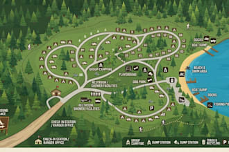 design rv park, campground map, resort and property maps in vector illustration
