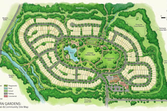 create a 2d colored site plan rendering or master plan illustration plot map