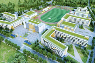 visualize school campus,academic building,outdoor sports complex,urban landscape