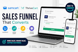 build samcart thrivecart sales funnel, checkout, order bump, upsell and course
