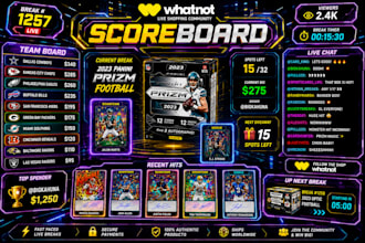 design a custom animated whatnot scoreboards for card breaks and live auctions