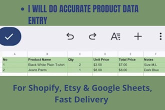 do product data entry for shopify etsy and google sheet
