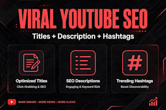 write seo youtube titles, description and hashtags for viral growth