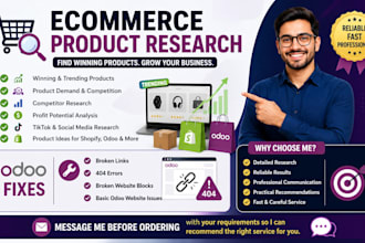 research ecommerce products and fix odoo website errors and broken links