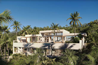 design modern tropical waterfront villa, private pool resort,outdoor lounge area