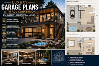 design luxury garage plan with adu conversion spa balcony and architectural plan