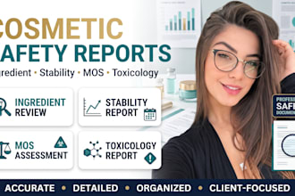 prepare ingredient review, stability, mos and toxicology reports for cosmetics