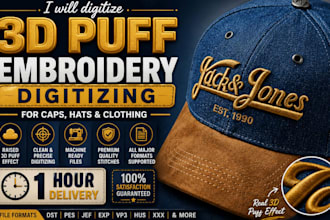 digitize professional 3d puff embroidery for caps, hats and clothing in 1 hour