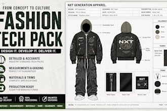 create professional fashion technical sketch, tech packs and garment design