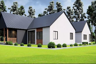 create modern gabled house plan, UK farmhouse rendering, suburban home elevation