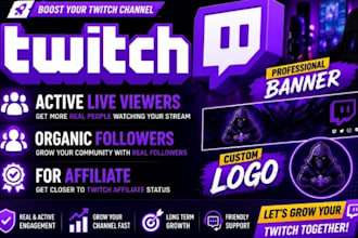 do twitch active live viewers, organic followers for affiliate, banner, logo