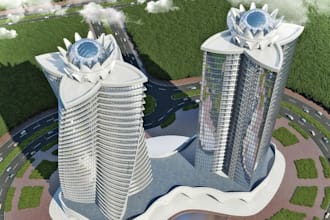 rebuild high rise apartment, building concept 3d render, waterfront property cgi