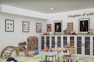 design 3d playroom, montessori space, kindergarten room rendering, toodler area