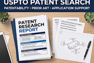 handle uspto patent search, patent application filing, patentability analysis