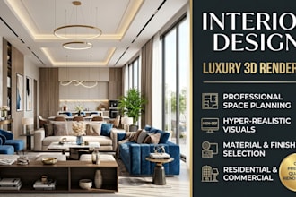 provide realistic interior design for your space with luxury 3d rendering