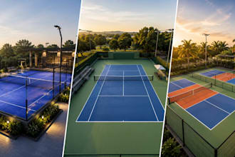design 3d padel court, tennis, pickleball courts, sports field and gym spaces