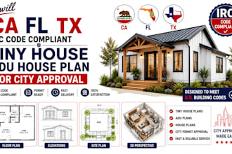 ca fl or tx irc code compliant tiny house adu house plan for city approval