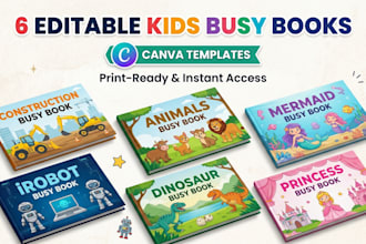 provide 6 editable kids busy books canva template bundle