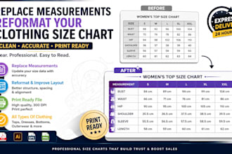 replace measurements reformat your clothing size chart and make it print ready