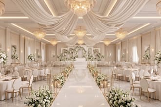 design 3d indoor outdoor wedding venue, event décor, 3d receptions, party space