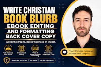 write christian book blurb, ebook editing and formatting, back cover copy