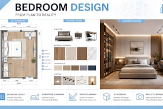 design bedroom apartment layout, space plan with furniture and 3d visualization
