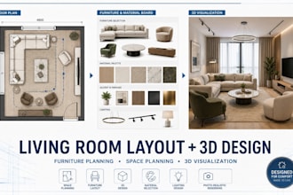 design living room layout with furniture planning and 3d visualization