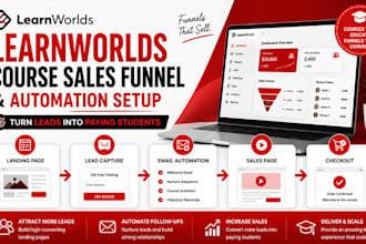 build learnworlds course sales funnel, landing page and email automation setup