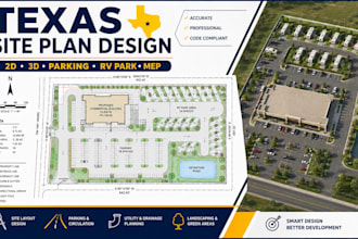 design texas 2d, 3d, site plan map, mep design parking lot and rv park