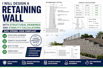 design a retaining wall with structural drawings and stability calculations