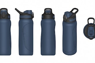 create 2d water bottle reference sheet product design and bottle views