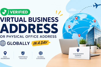 verified virtual business address or physical office address globally in a day