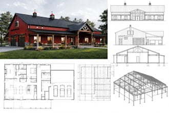 draw barndominium plan, pole barn, metal building plan, deck and garage plans